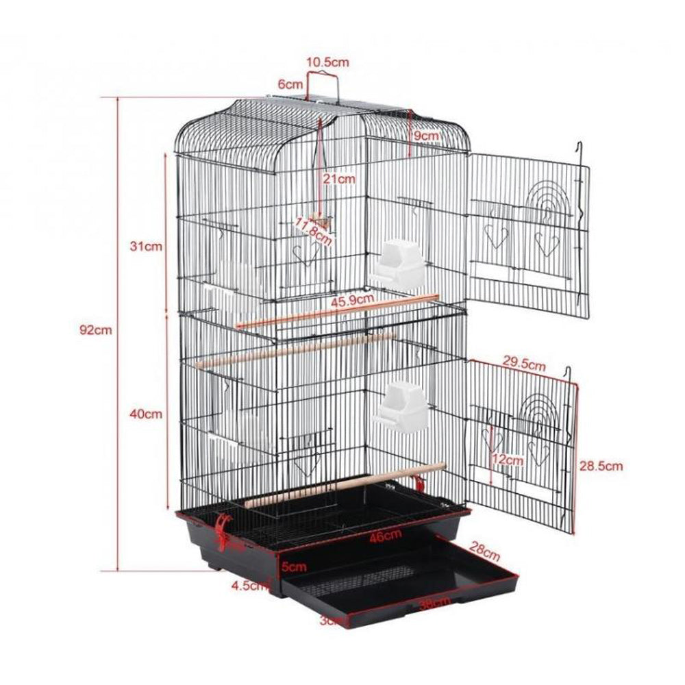 92cm Large Portable Wire Bird Cage Parrot Cage with Wooden Stand Pole and Feeding Cup - Black