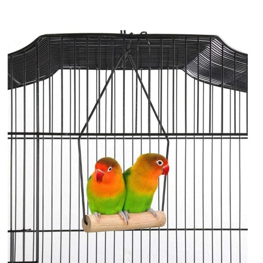 92cm Large Portable Wire Bird Cage Parrot Cage with Wooden Stand Pole and Feeding Cup - Black