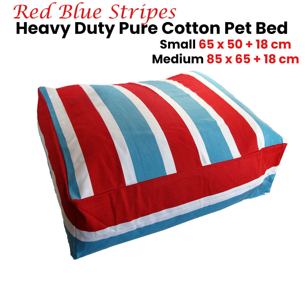 Heavy Duty Pure Cotton Pet Dog Bed Cover - Medium Blue Red Stripes