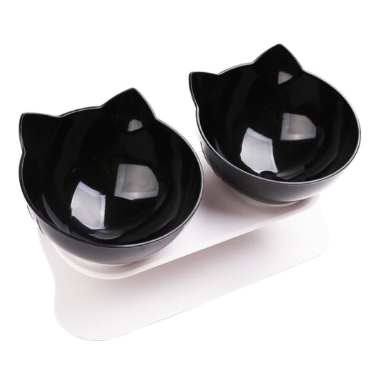 Double Cat Bowl Pet Bowl Stand Elevated Feeder - Black