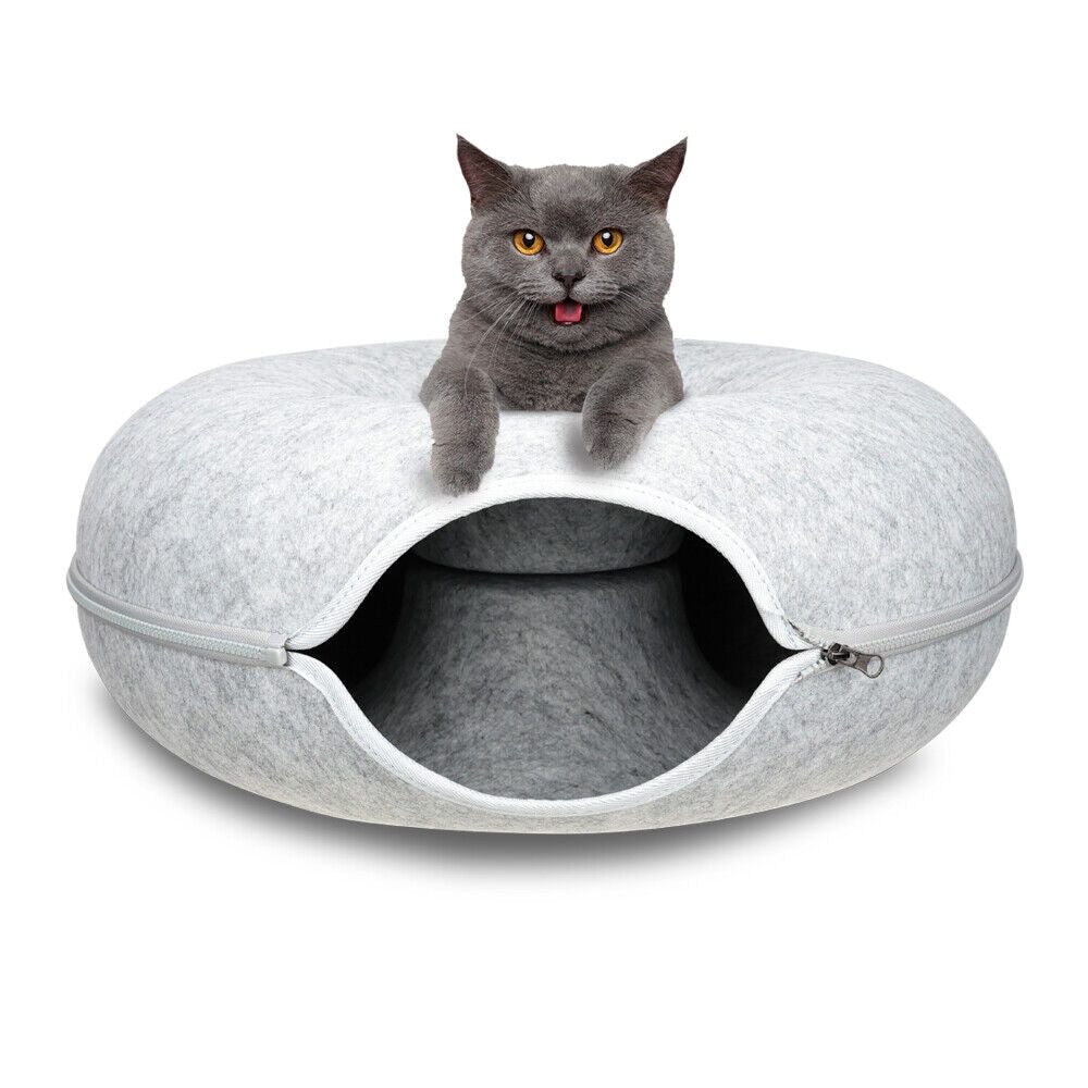 59 x 29cm Cat Tunnel Bed Dark Grey Felt Pet Puppy Nest Cave Toy Light Grey