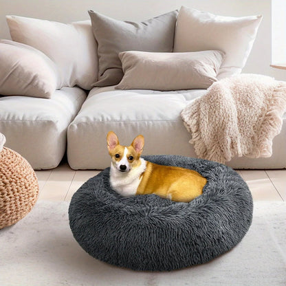 PawfectFriend Calming Donut Bed – Plush Fluffy Cushion for Dogs & Cats, Medium 50cm (Cream)