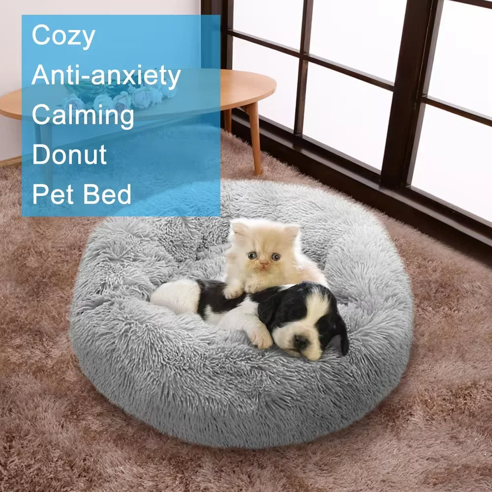 PawfectFriend Calming Donut Bed – Plush Fluffy Cushion for Dogs & Cats, Medium 50cm (Cream)