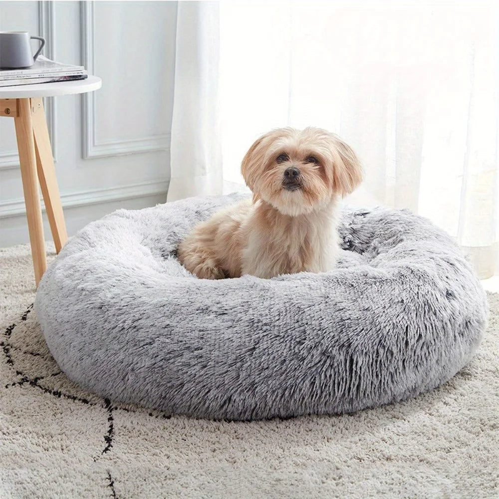 PawfectFriend Calming Donut Bed – Plush Fluffy Cushion for Dogs & Cats, Medium 50cm (Cream)