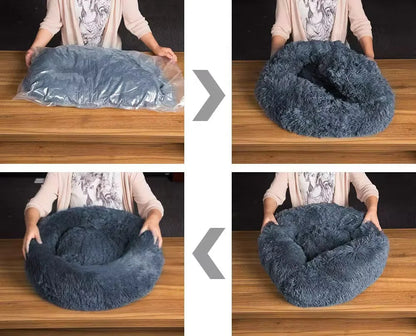 PawfectFriend Calming Donut Bed – Plush Fluffy Cushion for Dogs & Cats, Large 60cm (Grey)