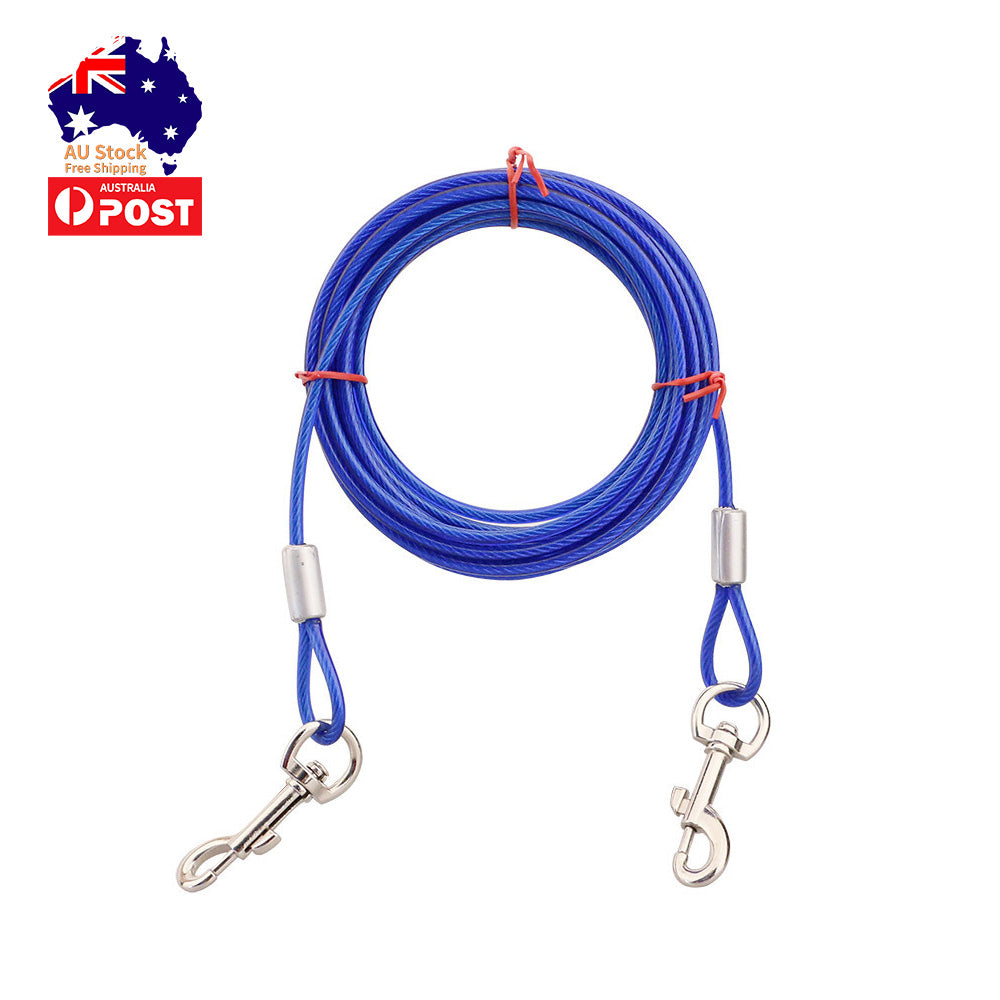 5M Dog Tie Out Cable Leash Lead Tangle-Free Outdoor Yard Walking Running - Blue