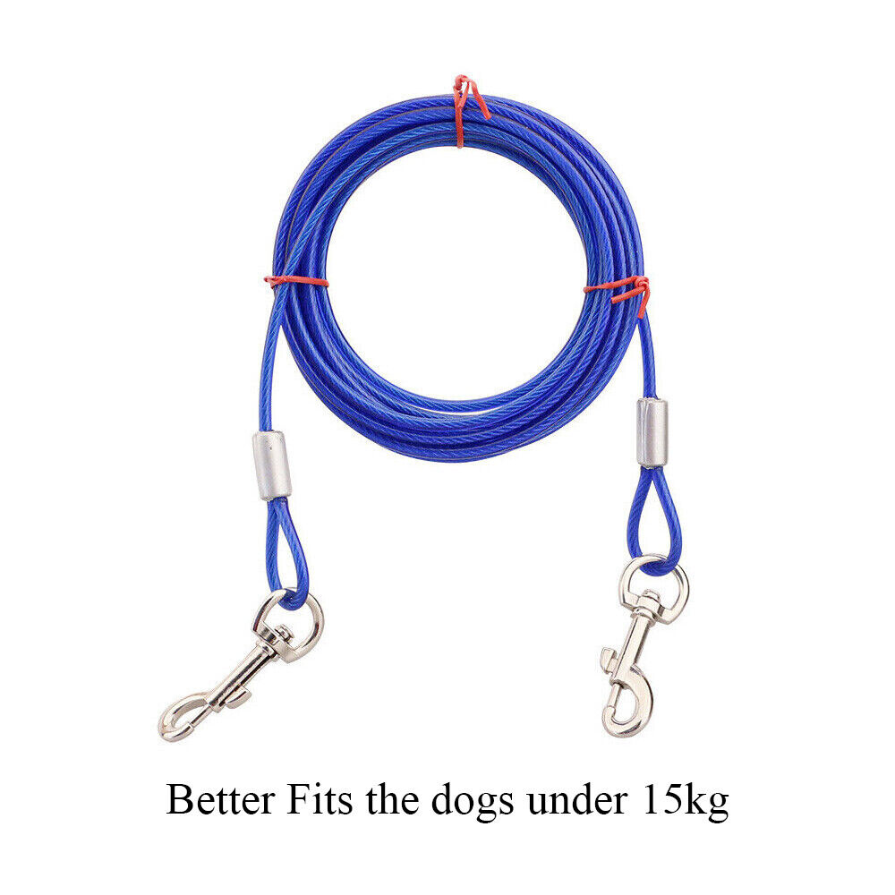 5M Dog Tie Out Cable Leash Lead Tangle-Free Outdoor Yard Walking Running - Blue