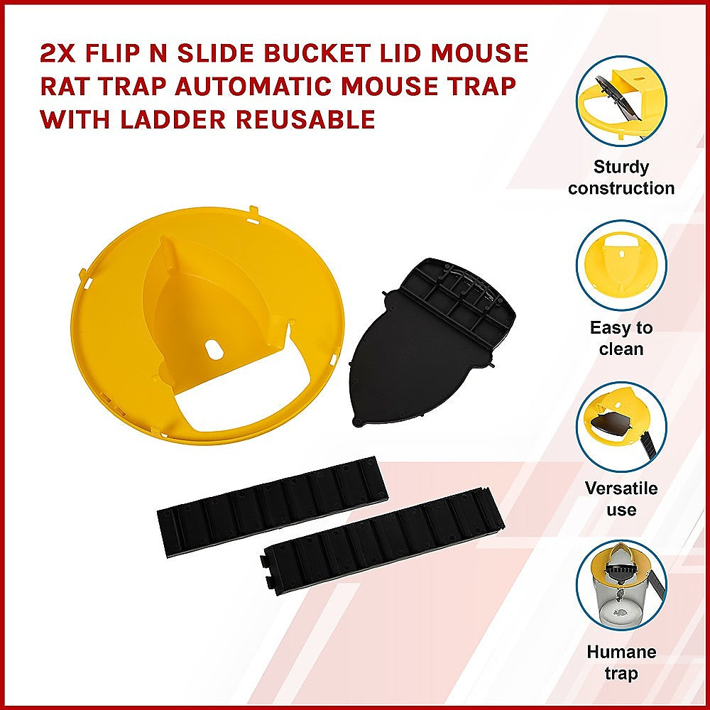 2x Flip N Slide Bucket Lid Mouse Rat Trap - Automatic Reusable Trap with Ladder