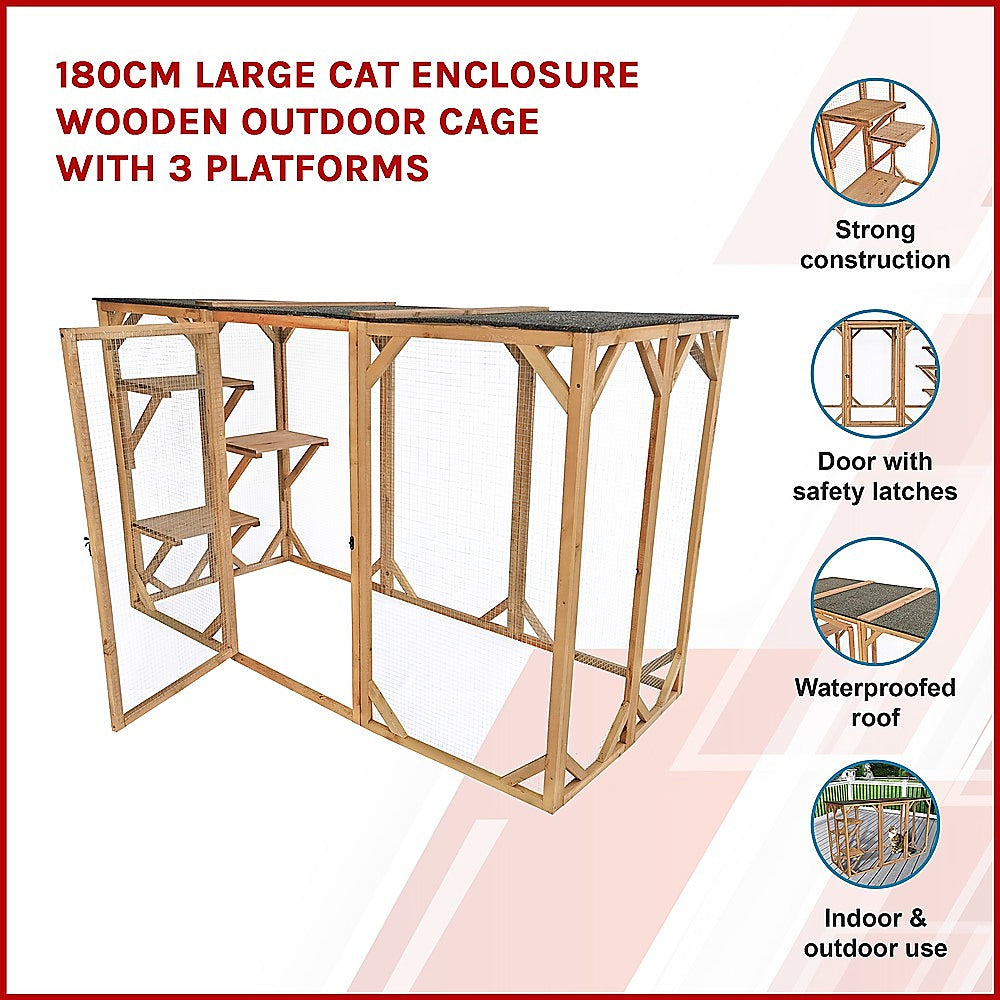 180cm Large Cat Enclosure Wooden Outdoor Cage with 3 Platforms