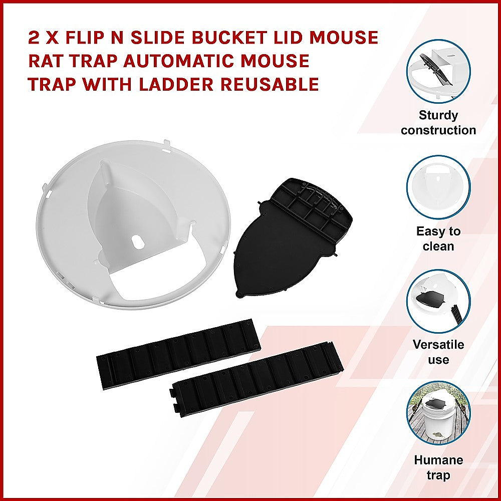 2 x Flip N Slide Bucket Lid Mouse Rat Trap - Automatic Reusable Mouse Trap with Ladder