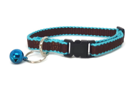 Moondidley Pets Bamboo Fibre Cat Collar – Hypoallergenic, Brown with Light Blue Trim, XXS