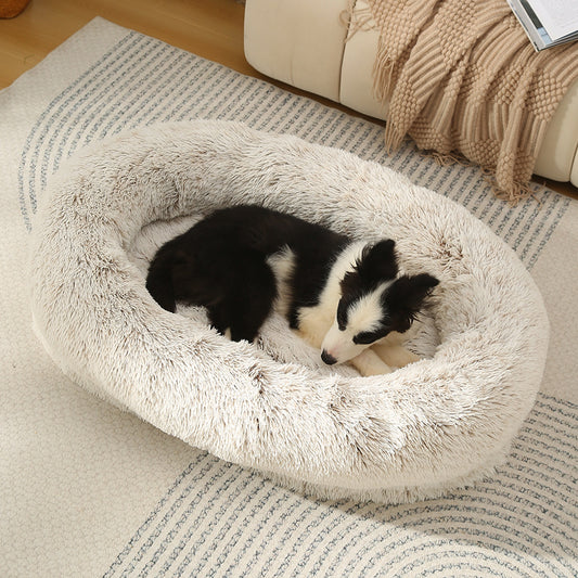 Fluffy Donut-Shaped Pet Bed- Soft, Cozy, and Anti-Anxiety for Dogs and Cats, Machine Washable  Gradient Coffee  Size:S 60*15*18cm