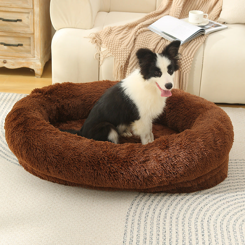 Fluffy Donut-Shaped Pet Bed- Soft, Cozy, and Anti-Anxiety for Dogs and Cats, Machine Washable  Coffee  Size:L 90*65*20cm