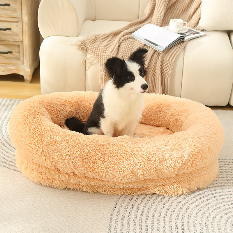 Fluffy Donut-Shaped Pet Bed- Soft, Cozy, and Anti-Anxiety for Dogs and Cats, Machine Washable  Apricot  Size:M 75*55*18cm