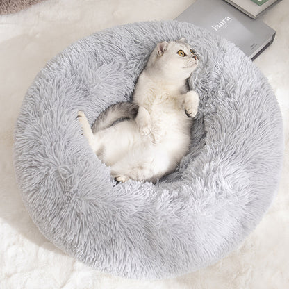 Calming Donut Pet Bed -Soft Faux Fur, Anti-Anxiety Fluffy Round Bed for Cats and Small Dogs (Light Brown)40cm