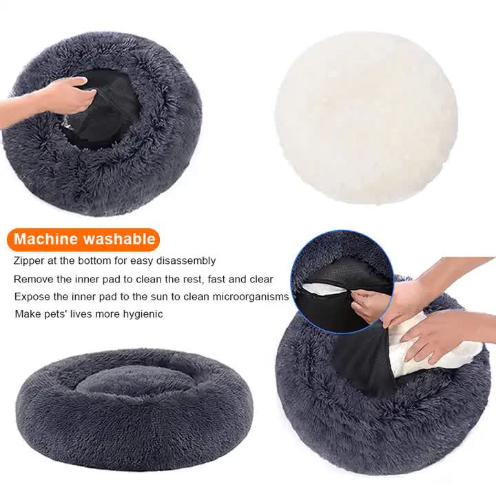 Calming Donut Pet Bed -Soft Faux Fur, Anti-Anxiety Fluffy Round Bed for Cats and Small Dogs (Apricot)50cm