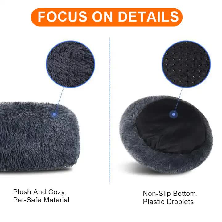 Calming Donut Pet Bed -Soft Faux Fur, Anti-Anxiety Fluffy Round Bed for Cats and Small Dogs (Black)40cm