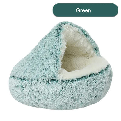 Cozy Green Plush Hooded Pet Bed - Ultra Soft Long Fur Cave Bed for Small Pets 40cm