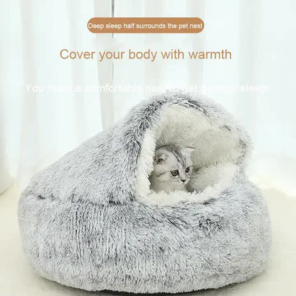 Cozy Pink Plush Hooded Pet Bed - Ultra Soft Long Fur Cave Bed for Small Pets 50cm