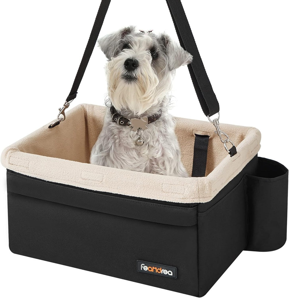 FEANDREA Dog Car Seat for Small Dogs up to 18 lb with Adjustable Straps Removable Washable Fleece Liner and 4 Pockets Black and Beige