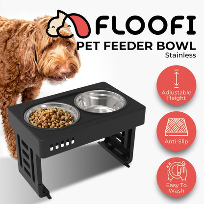 FLOOFI Elevated Pet Feeder Food Water Double Bowl Adjustable Height Raised Stand